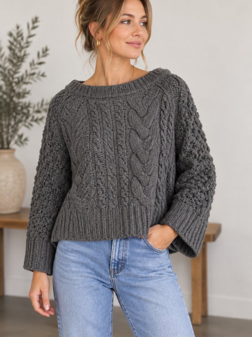 Banana Republic Mock Neck Italian Yarn Knit Cropped Sweater Fisherman Knit